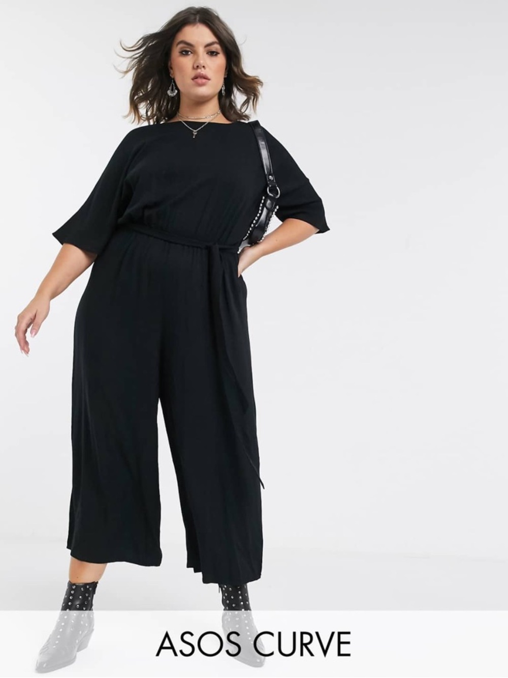 ASOS Curve Black Tie-Waist Wide Leg Jumpsuit size 16